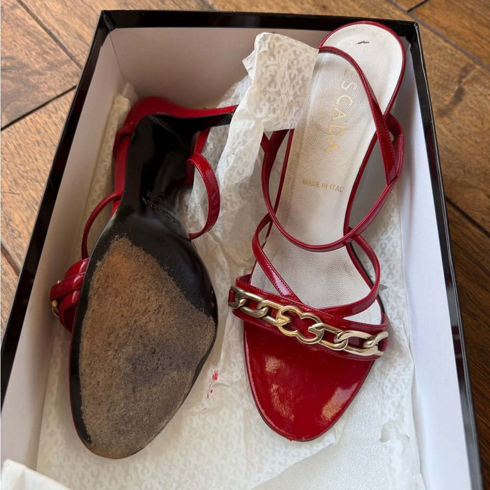 Escada Red Patent Chain Horsebit Strappy Heel Sandals